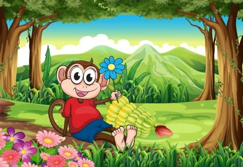 A monkey holding a flower while sitting in the middle of the forest Illustrazione stock