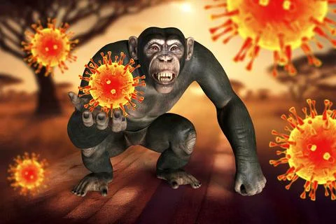 Monkey holding a virus, conceptual 3D illustration Stock Illustration