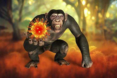 Monkey holding a virus, conceptual 3D illustration Illustrazione stock