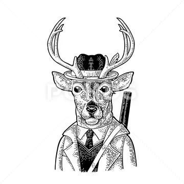 Monkey hunter with gun dressed coat, hat. Vintage black engraving Stock Illustration