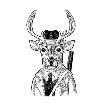 Monkey hunter with gun dressed coat, hat. Vintage black engraving Stock-Illustration
