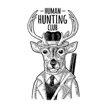 Monkey hunter with gun dressed coat, hat. Vintage black engraving Stockillustratie