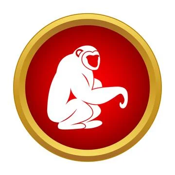 Monkey icon with gold border on red background Stock Illustration
