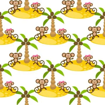 Monkey on island kid seamless vector pattern for textile print Stock Illustration