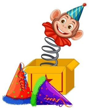 Monkey Jack-in-the-Box with Colorful Party Hats 스톡 일러스트