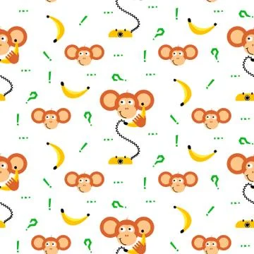 Monkey kid with banana seamless vector pattern for textile print. Illustrazione stock