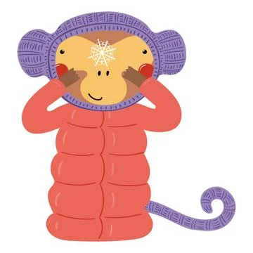 Monkey in a knitted hat, down coat isolated 스톡 일러스트