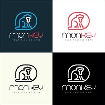 Monkey long tailed line art logo set template design Stock Illustration