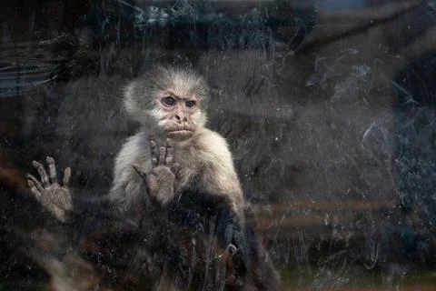 Monkey Looking Through Glass Enclosure Stock Photos