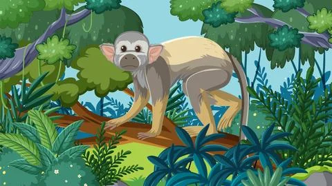 Monkey in Lush Jungle Stock Illustration
