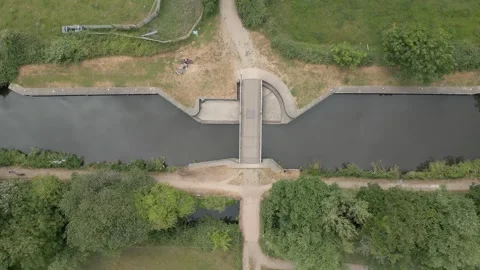 Monkey Marsh Swing Bridge over the Kennet and Avon Canal Aerial View Stock Footage 293076529