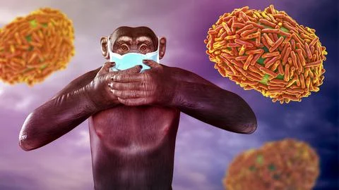 Monkey in a mask closing his face with hands, conceptual 3D illustration Stock Illustration