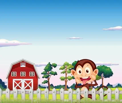 A monkey near the red barnhouse Stock Illustration