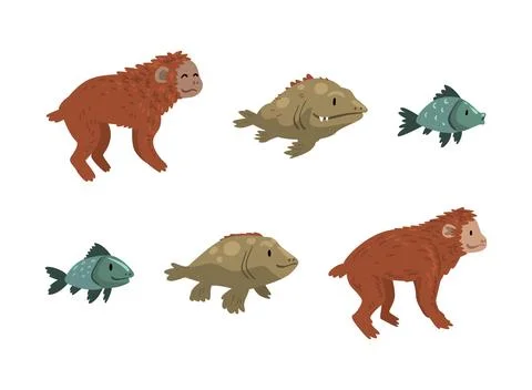 Monkey or Primate and Fish as Human Evolution Stage and Gradual Development Illustrazione stock