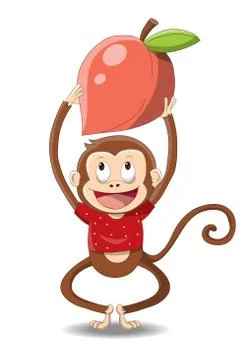 Monkey with Peach isolated on white background Stock Illustration