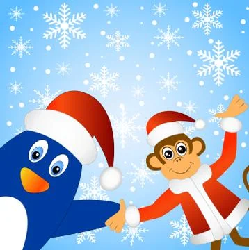 Monkey with a penguin Stock Illustration