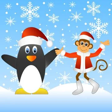 Monkey with a penguin Stock Illustration