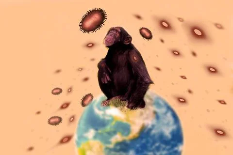 Monkey on a planet, looking at the virus monkey pox orthopoxvirus Mpox Stock Photos