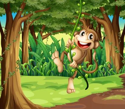 A monkey playing with the vine trees in the middle of the forest Stockillustratie