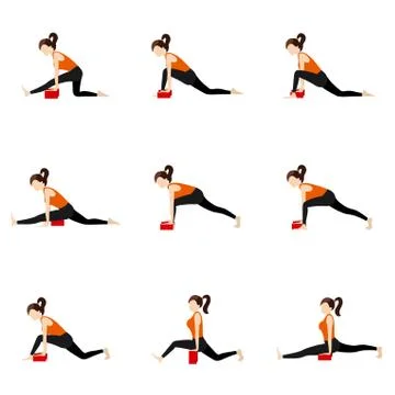 Monkey pose sequence yoga asanas set with bricks Stock Illustration