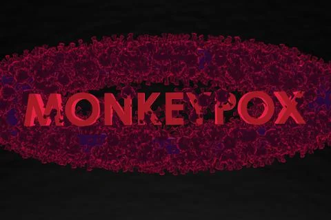 Monkey pox - word with cells or molecules of the virus macro on a dark red ba Stock Illustration