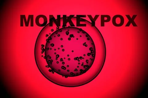 Monkey pox - word with cells or molecules of the virus macro on a dark red ba Stock Illustration