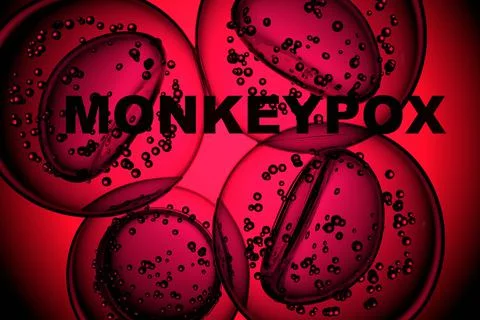 Monkey pox - word with cells or molecules of the virus macro on a dark red ba Stock Illustration
