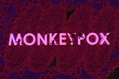 Monkey pox - word with cells or molecules of the virus macro on a dark red ba Stock Illustration