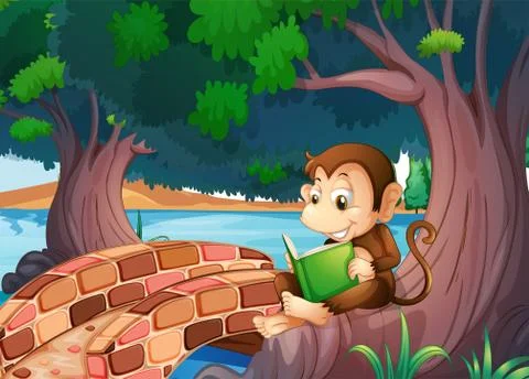A monkey reading a book under the big tree near the bridge Illustrazione stock