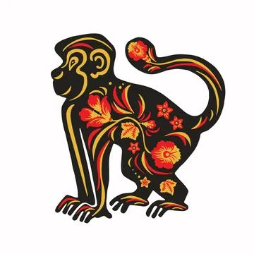 Monkey with retro colored red and yellow ethno vector illustration eps 10 스톡 일러스트
