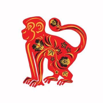 Monkey with retro colored red and yellow ethno vector illustration eps 10 Stock Illustration