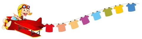 A monkey riding in a red plane with hanging clothes at the back Stock Illustration