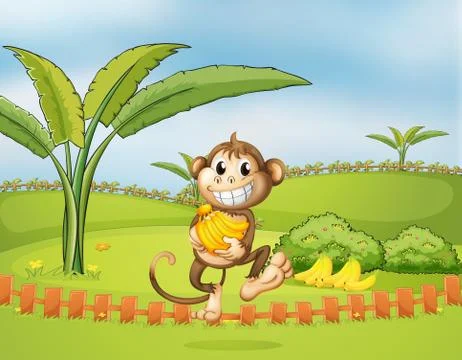 A monkey running away with bananas Stock Illustration