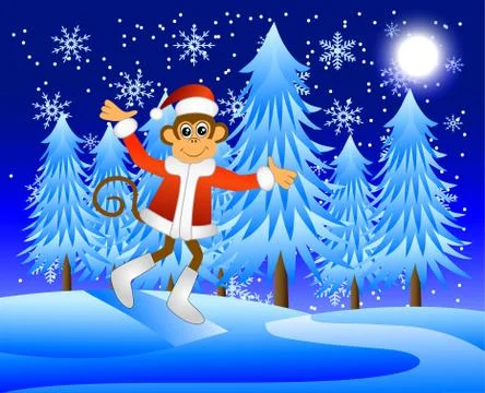Monkey runs through the winter forest Stock Illustration