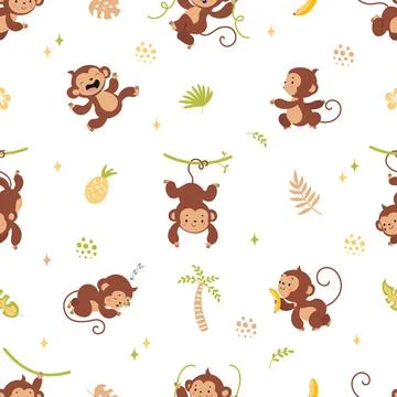 Monkey seamless pattern. Childish monkeys fabric print design. Funny jungle Illustrazione stock