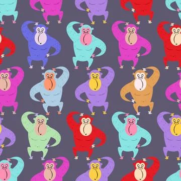 Monkey seamless pattern. Multicolored Gorilla background. Colored animal from Stock Illustration