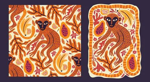 Monkey Seamless Pattern Poster Set Vector Stock Illustration
