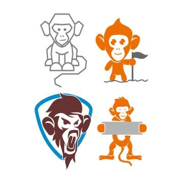 Monkey Shield Banner Line Flag Logo Design Template Vector Set Stock Illustration