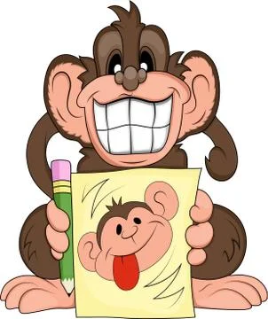 Monkey sits and draws a portrait Stock Illustration