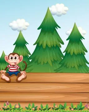 A monkey sitting above the empty wooden boards in front of the pine trees Stockillustratie