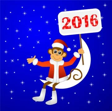 Monkey sitting on a crescent moon  and holding placards with the number 2016 Stock Illustration