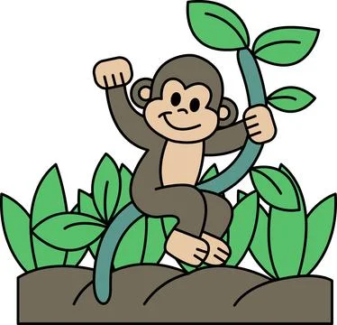 A monkey is sitting on a rock in a jungle Stock Illustration