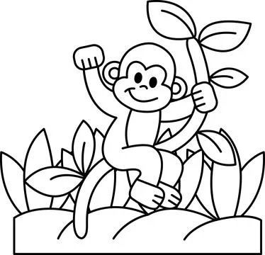 A monkey is sitting on a rock in a jungle Stock Illustration