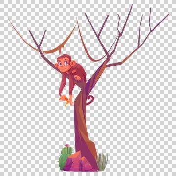 Monkey sitting on tree branch on transparent checkered background. Illustrazione stock