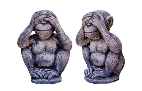 Monkey statue isolated on white, Monkey statue covering their eyes Stock Photos