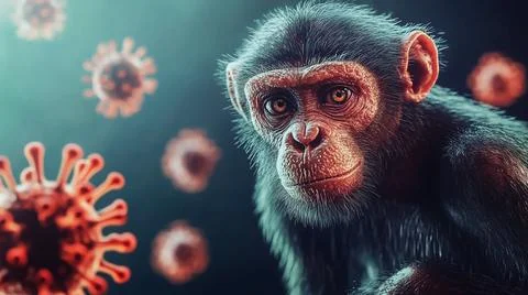 Monkey surrounded by monkeypox viruses, conceptual 3D illustration. Monkeypox Stock Photos