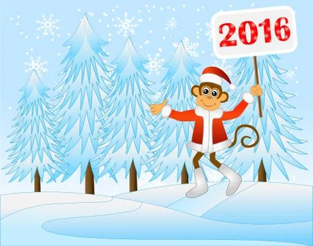The monkey with the tablet of 2016 runs on a winter wood Stock Illustration