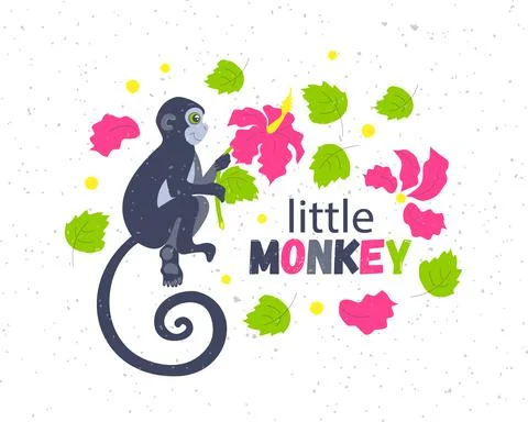 Monkey with text, flowers vector illustration design for kids fashion graphics Stock Illustration