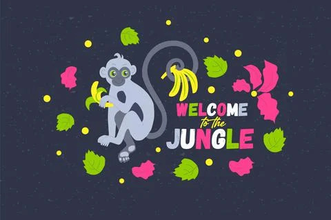 Monkey with text, flowers vector illustration design for kids fashion graphics Stock Illustration