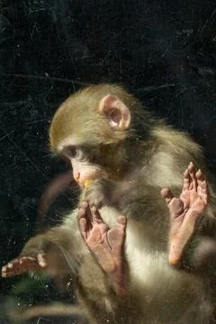 Monkey trapped inside a glass cage held in captivity. Stock Photos